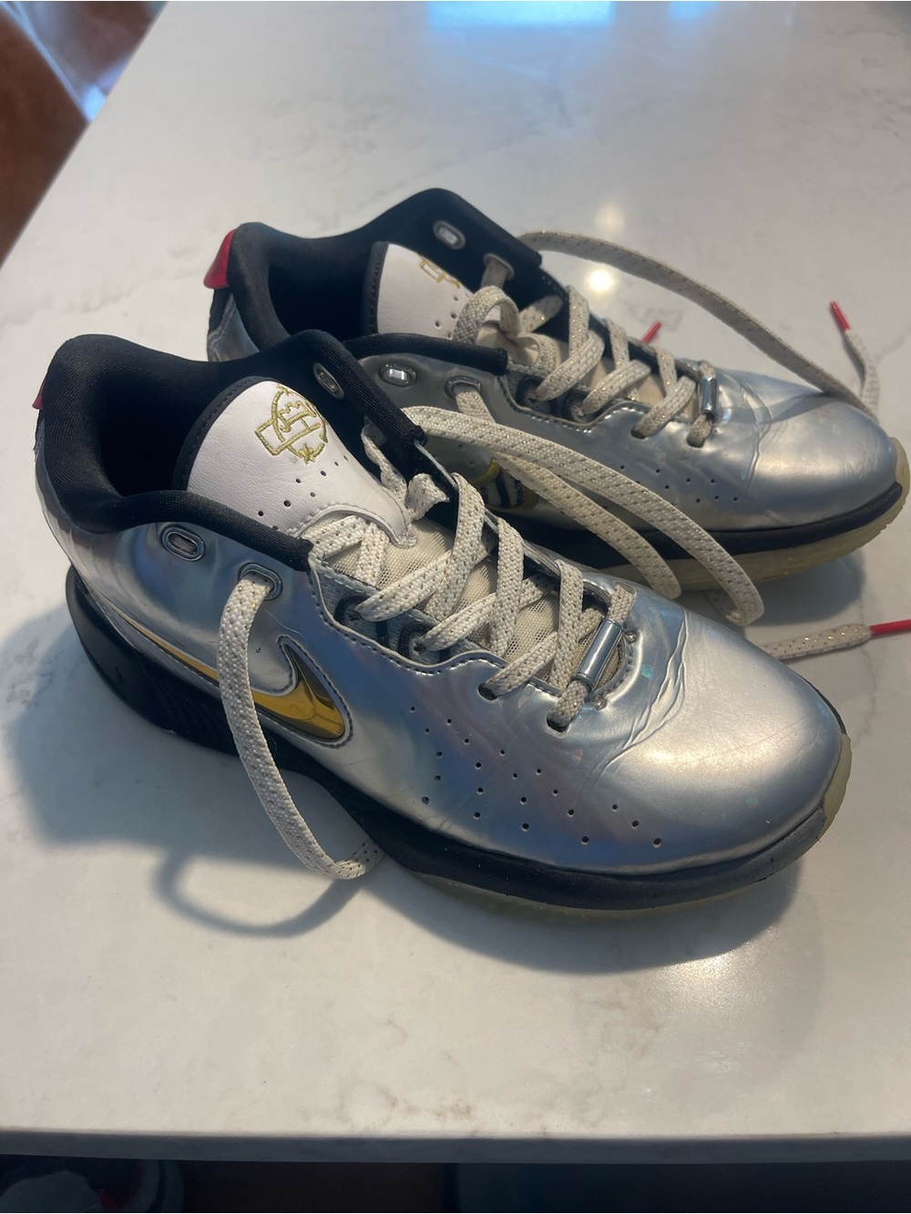 Nike Metallic Silver Low-Top Sneakers with Gold Swoosh and Black Accents